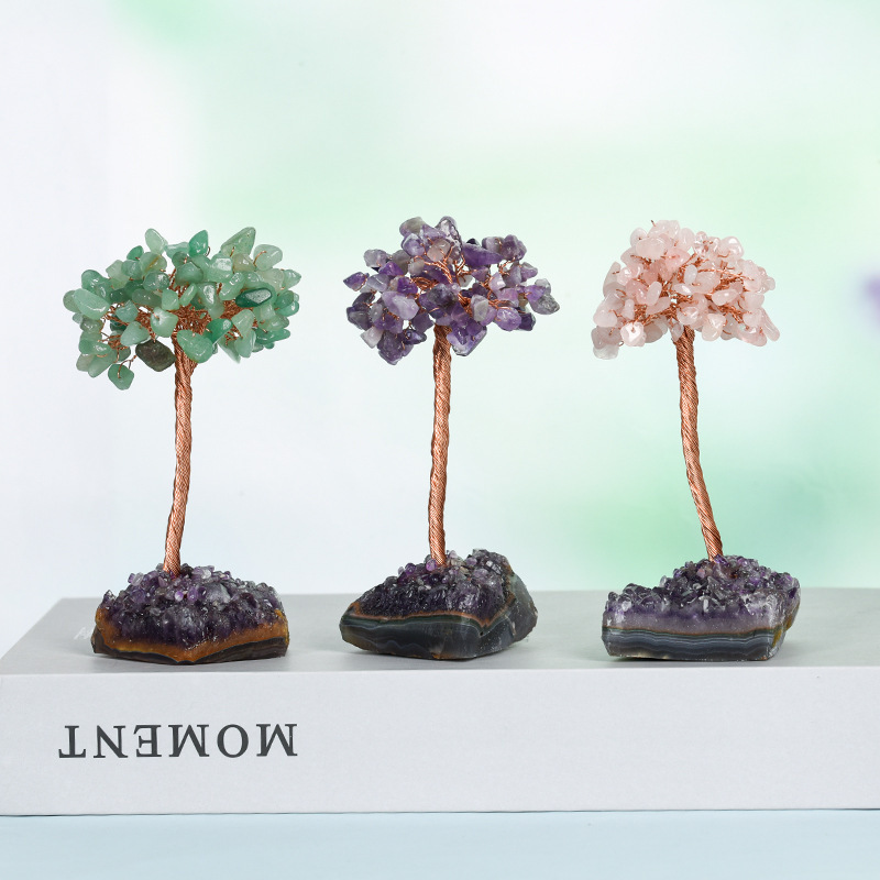 Raw Stone Copper Tree with Druzy Amethyst Cluster Ornament（ Approx 50-80MM X125MM)