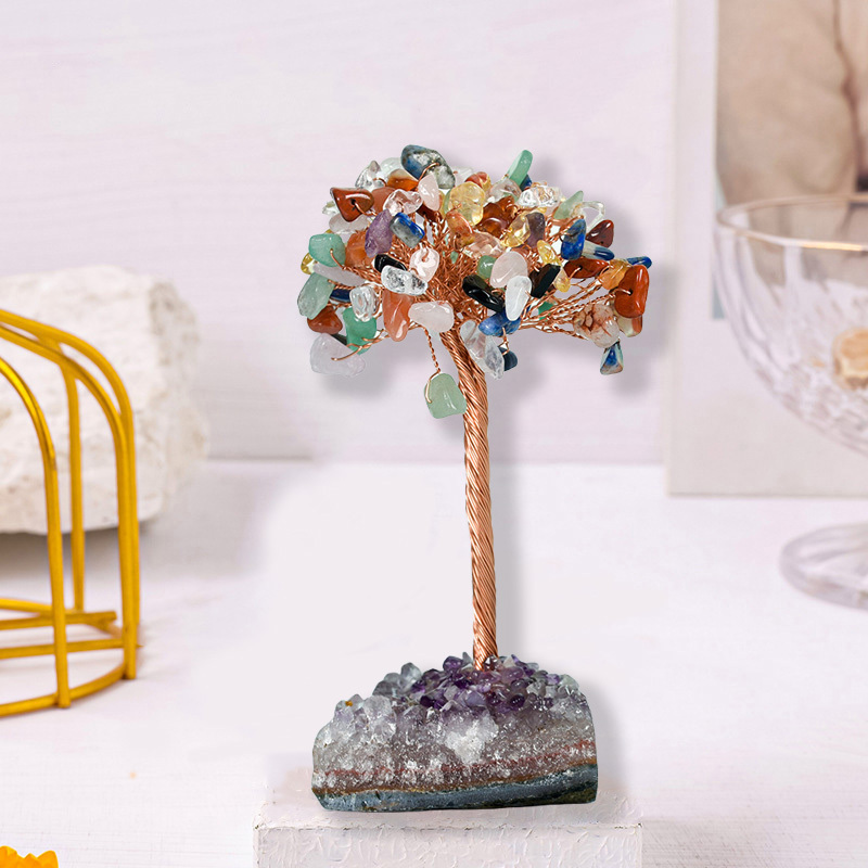 Raw Stone Copper Tree with Druzy Amethyst Cluster Ornament（ Approx 50-80MM X125MM)