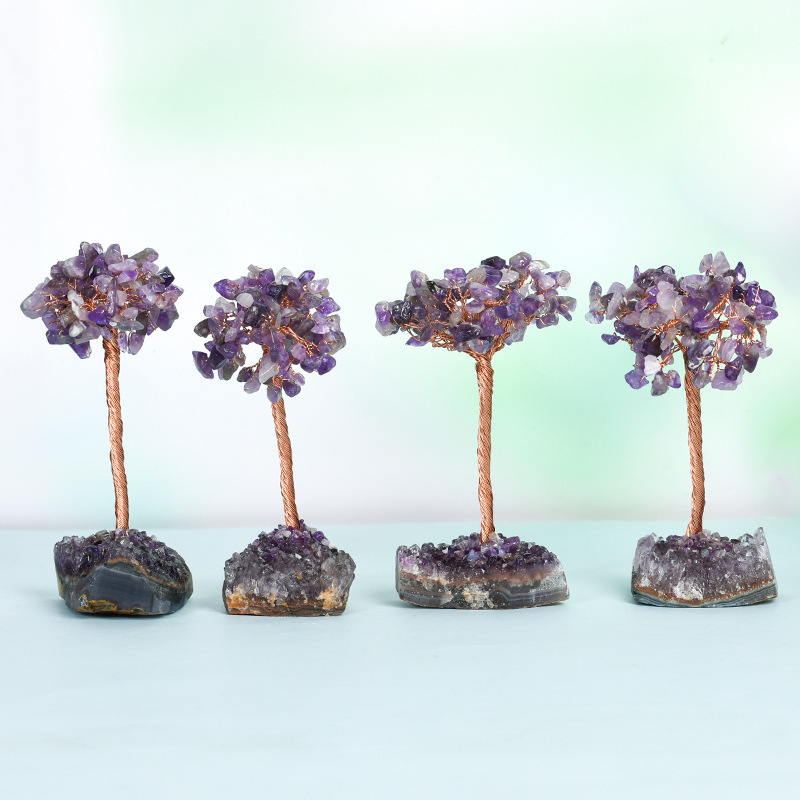 Raw Stone Copper Tree with Druzy Amethyst Cluster Ornament（ Approx 50-80MM X125MM)