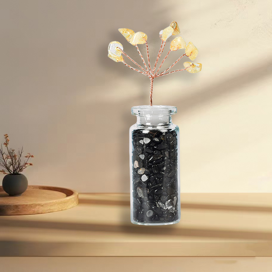 Raw Stone Tree with Crystal Wishing Bottle Base for Home Office Table Decor Wealth and Luck