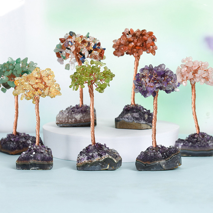Raw Stone Copper Tree with Druzy Amethyst Cluster Ornament（ Approx 50-80MM X125MM)