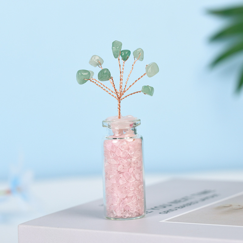 Raw Stone Tree with Crystal Wishing Bottle Base for Home Office Table Decor Wealth and Luck