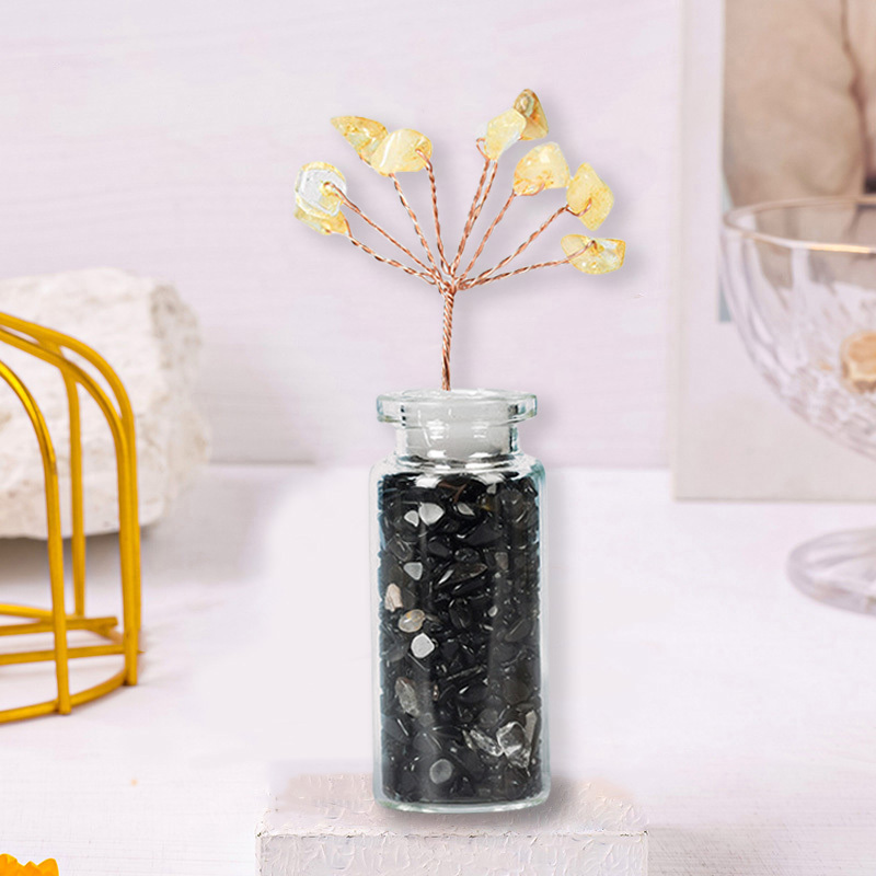 Raw Stone Tree with Crystal Wishing Bottle Base for Home Office Table Decor Wealth and Luck