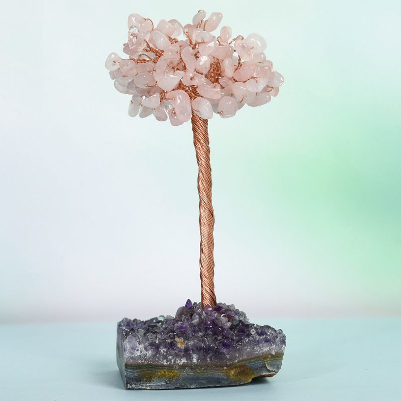 Raw Stone Copper Tree with Druzy Amethyst Cluster Ornament（ Approx 50-80MM X125MM)