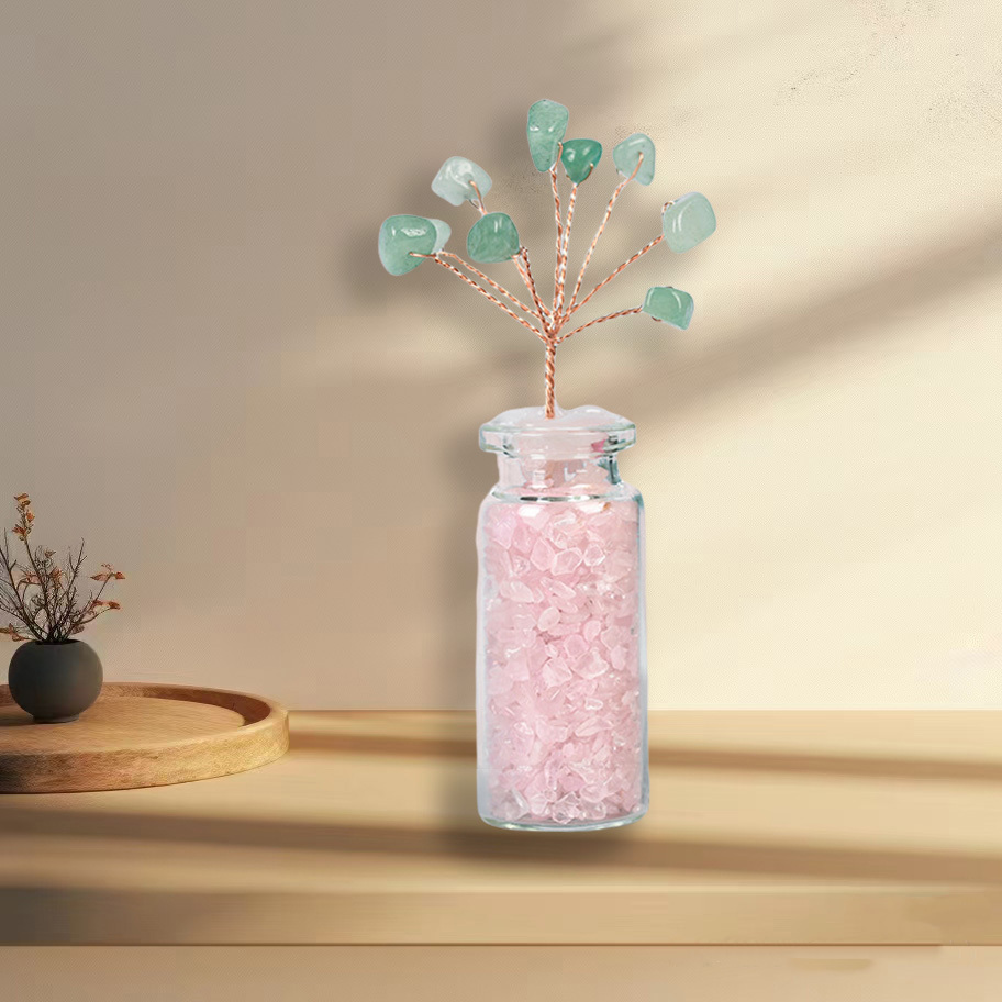 Raw Stone Tree with Crystal Wishing Bottle Base for Home Office Table Decor Wealth and Luck