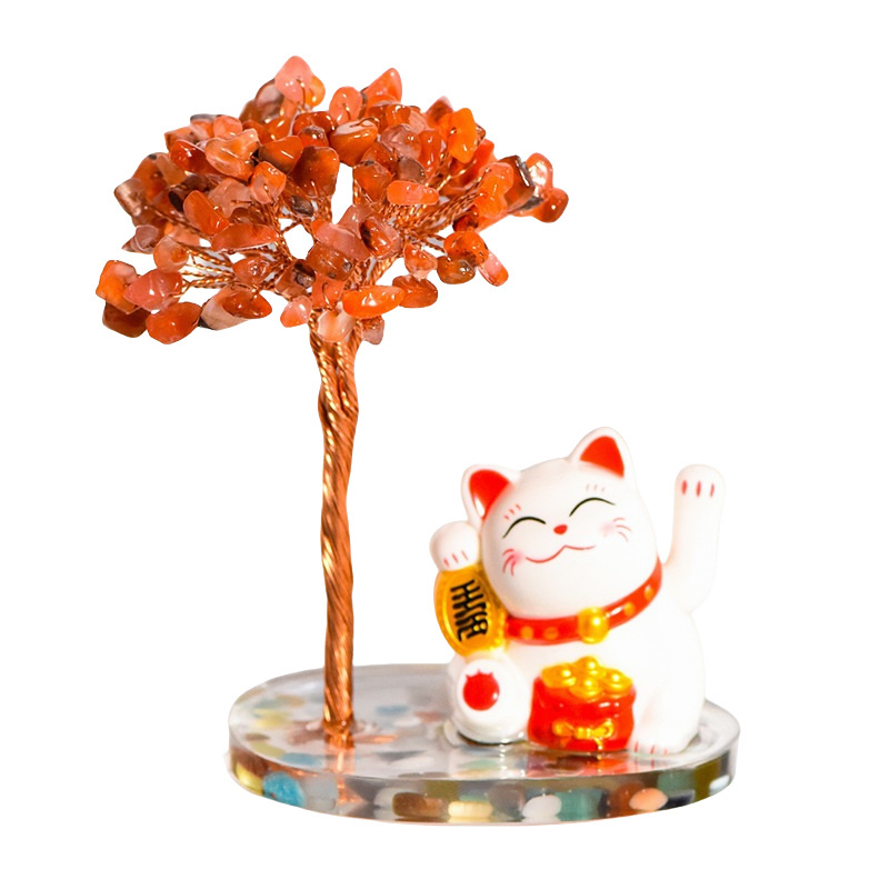 Raw Stone Copper  Tree with Colorful Resin Base Lucky Cat Ornament （Approx 80X120MM)