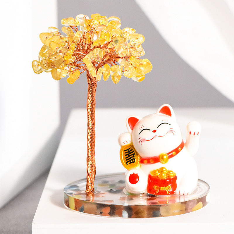 Raw Stone Copper  Tree with Colorful Resin Base Lucky Cat Ornament （Approx 80X120MM)