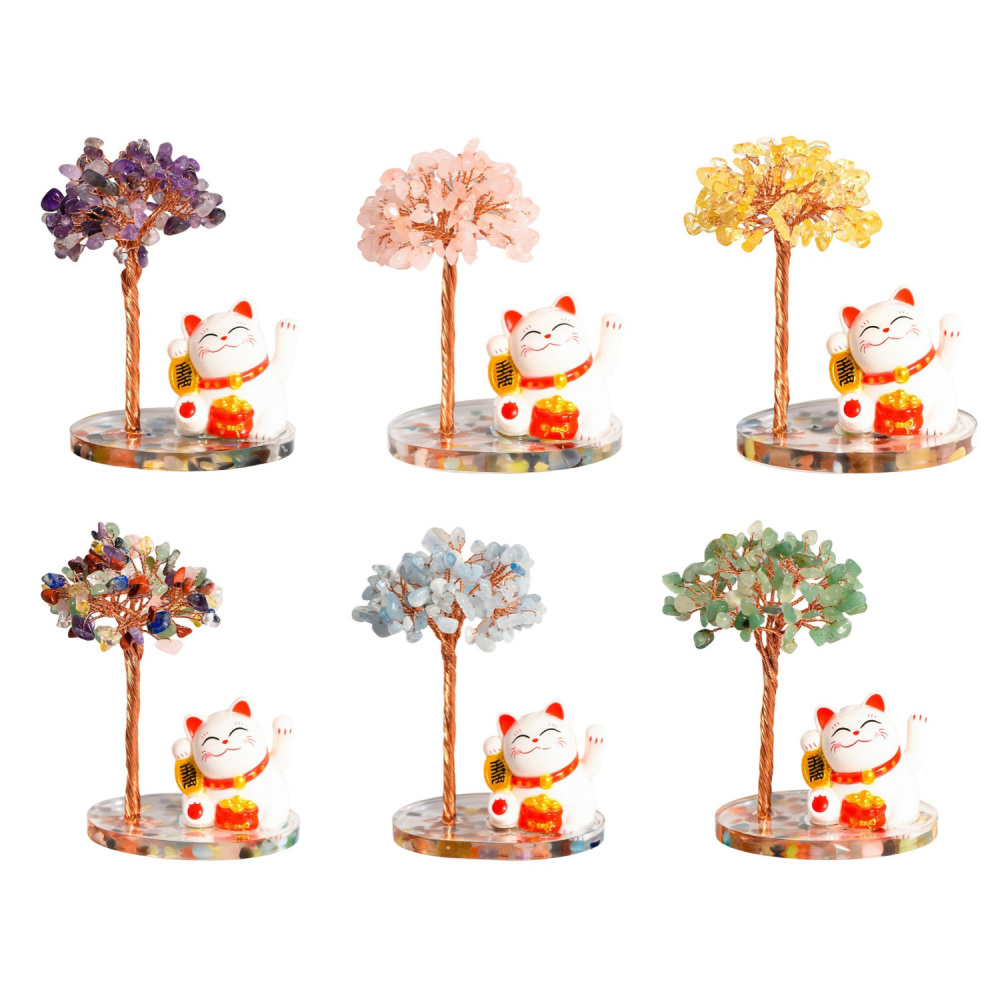Raw Stone Copper  Tree with Colorful Resin Base Lucky Cat Ornament （Approx 80X120MM)