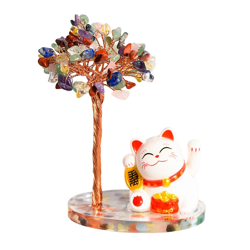 Raw Stone Copper  Tree with Colorful Resin Base Lucky Cat Ornament （Approx 80X120MM)