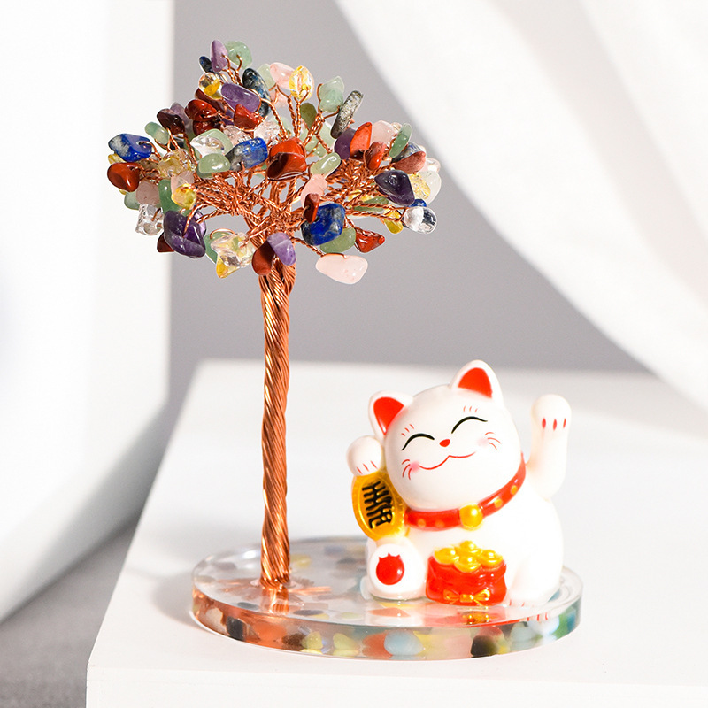 Raw Stone Copper  Tree with Colorful Resin Base Lucky Cat Ornament （Approx 80X120MM)