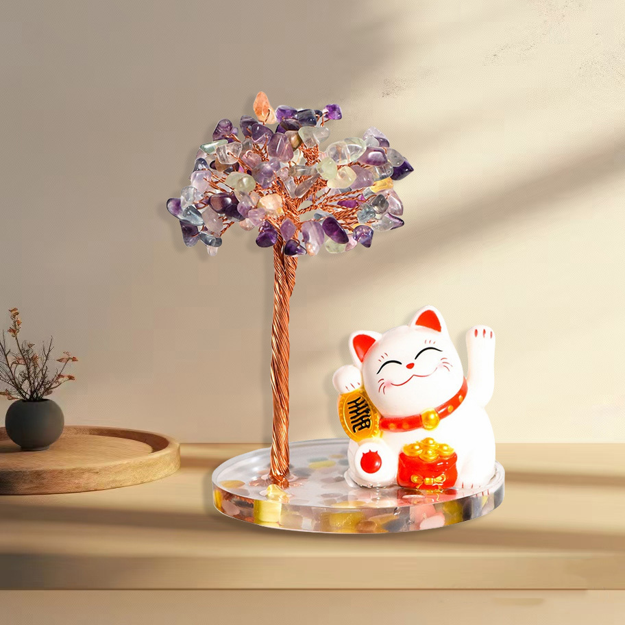 Raw Stone Copper  Tree with Colorful Resin Base Lucky Cat Ornament （Approx 80X120MM)