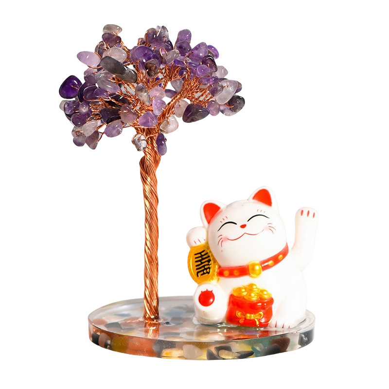 Raw Stone Copper  Tree with Colorful Resin Base Lucky Cat Ornament （Approx 80X120MM)
