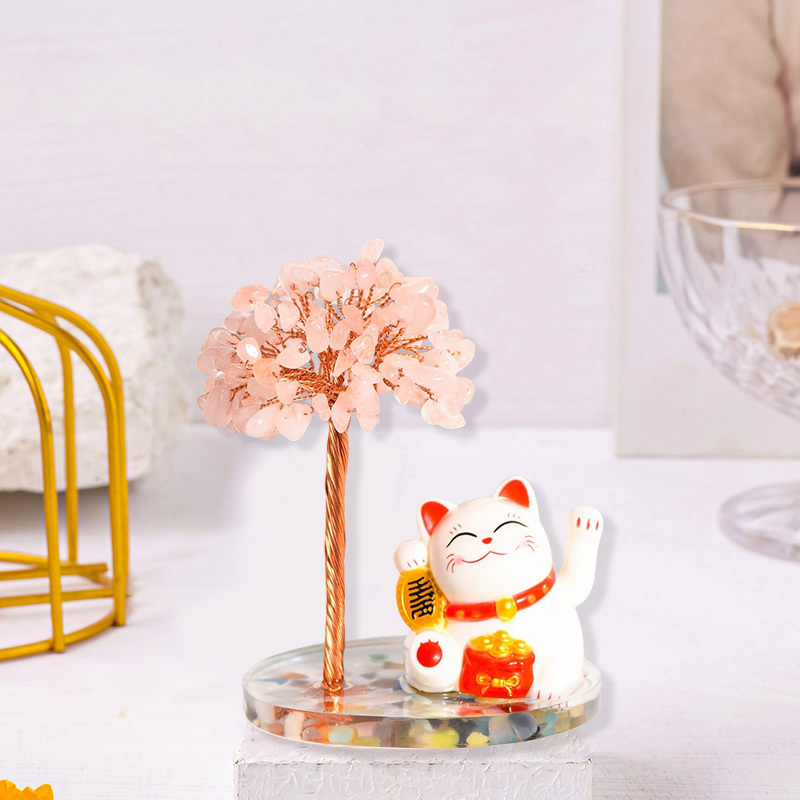 Raw Stone Copper  Tree with Colorful Resin Base Lucky Cat Ornament （Approx 80X120MM)