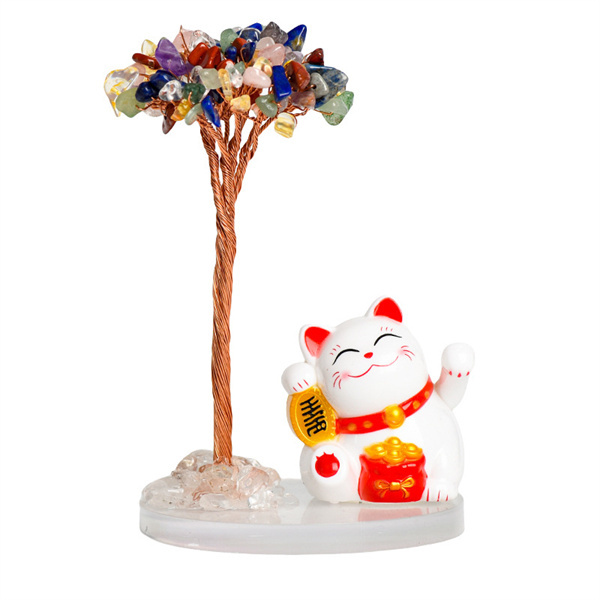 Raw Stone Copper  Tree with Clear Resin Base Lucky Cat Ornament （Approx 80X120MM)