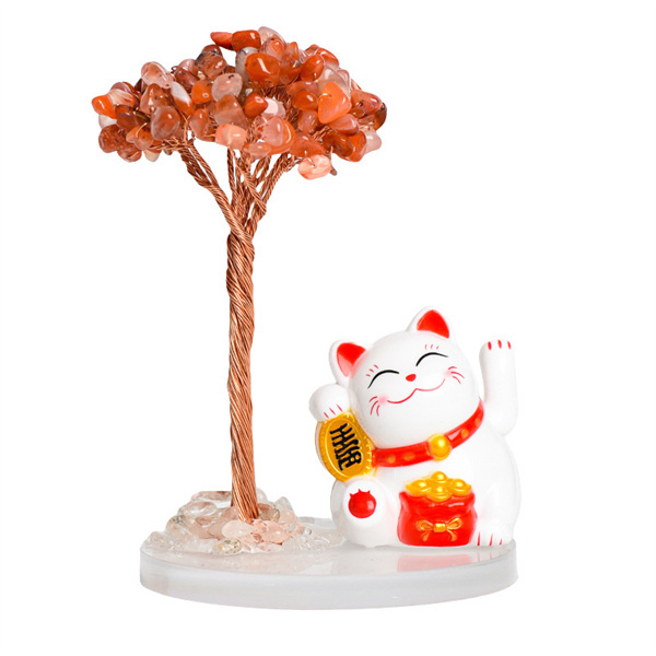 Raw Stone Copper  Tree with Clear Resin Base Lucky Cat Ornament （Approx 80X120MM)