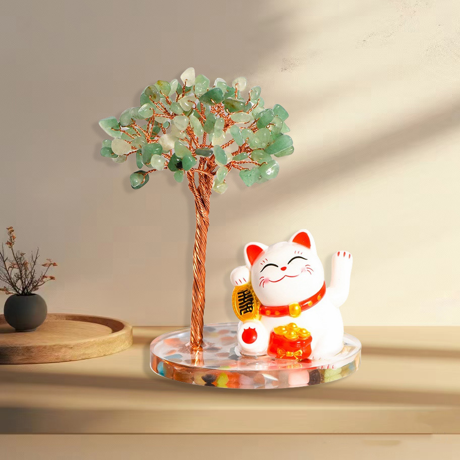Raw Stone Copper  Tree with Colorful Resin Base Lucky Cat Ornament （Approx 80X120MM)
