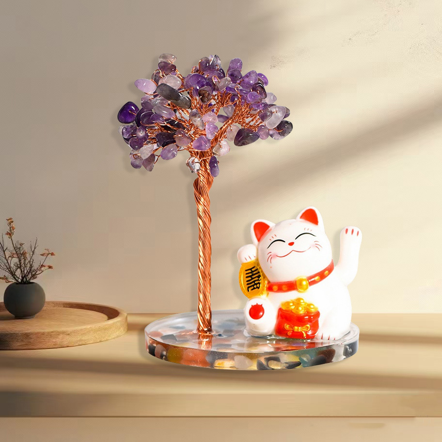Raw Stone Copper  Tree with Colorful Resin Base Lucky Cat Ornament （Approx 80X120MM)