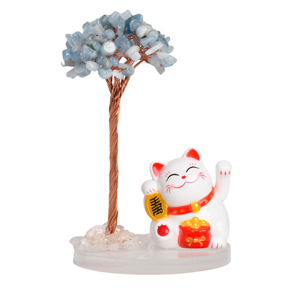 Raw Stone Copper  Tree with Clear Resin Base Lucky Cat Ornament （Approx 80X120MM)