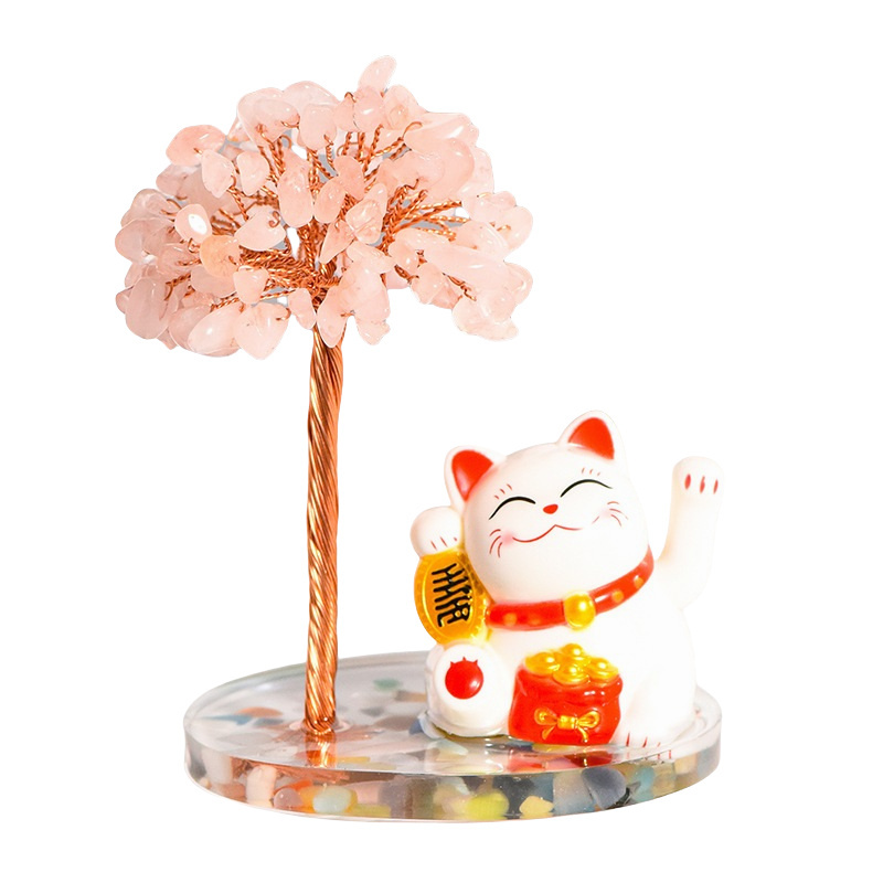 Raw Stone Copper  Tree with Colorful Resin Base Lucky Cat Ornament （Approx 80X120MM)