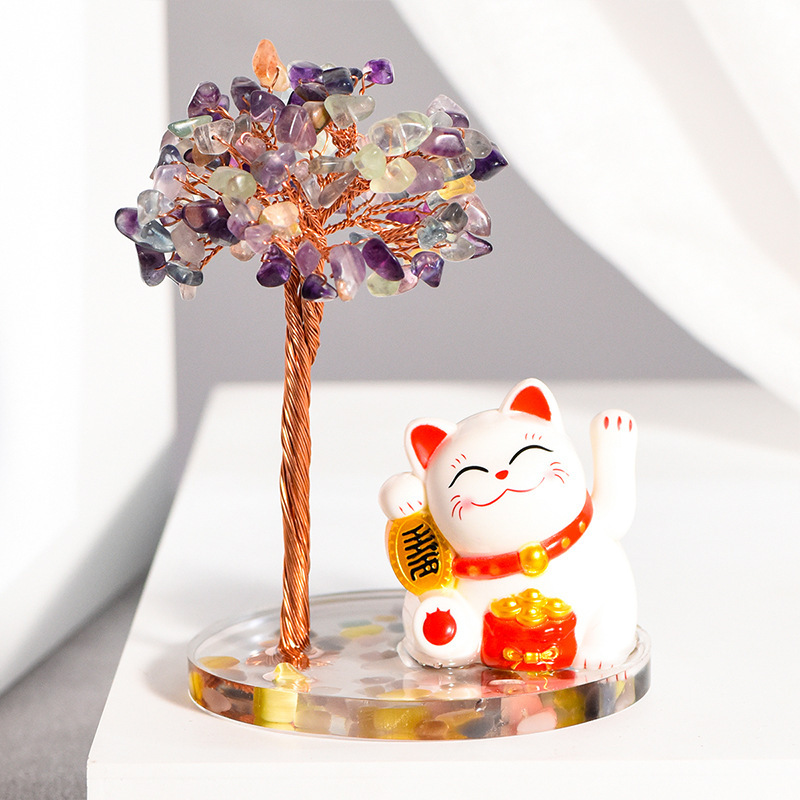 Raw Stone Copper  Tree with Colorful Resin Base Lucky Cat Ornament （Approx 80X120MM)