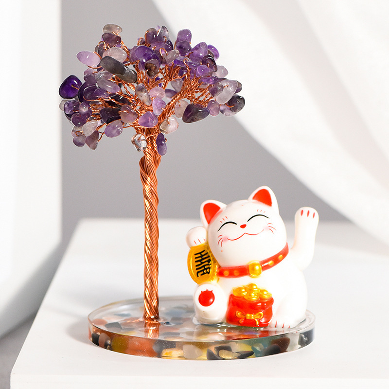 Raw Stone Copper  Tree with Colorful Resin Base Lucky Cat Ornament （Approx 80X120MM)