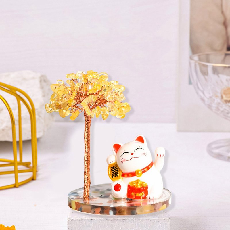 Raw Stone Copper  Tree with Colorful Resin Base Lucky Cat Ornament （Approx 80X120MM)
