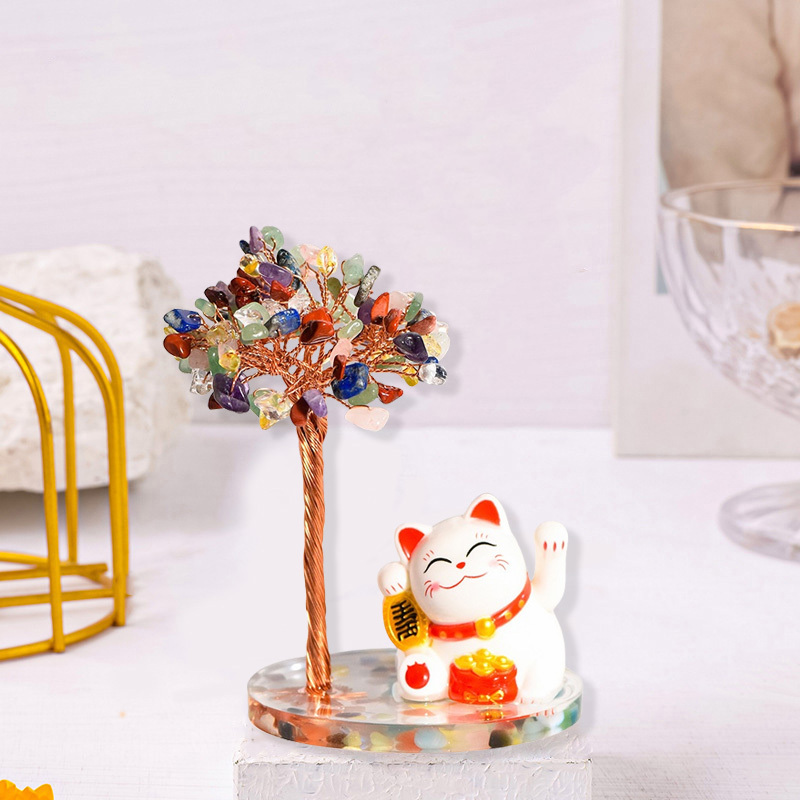 Raw Stone Copper  Tree with Colorful Resin Base Lucky Cat Ornament （Approx 80X120MM)