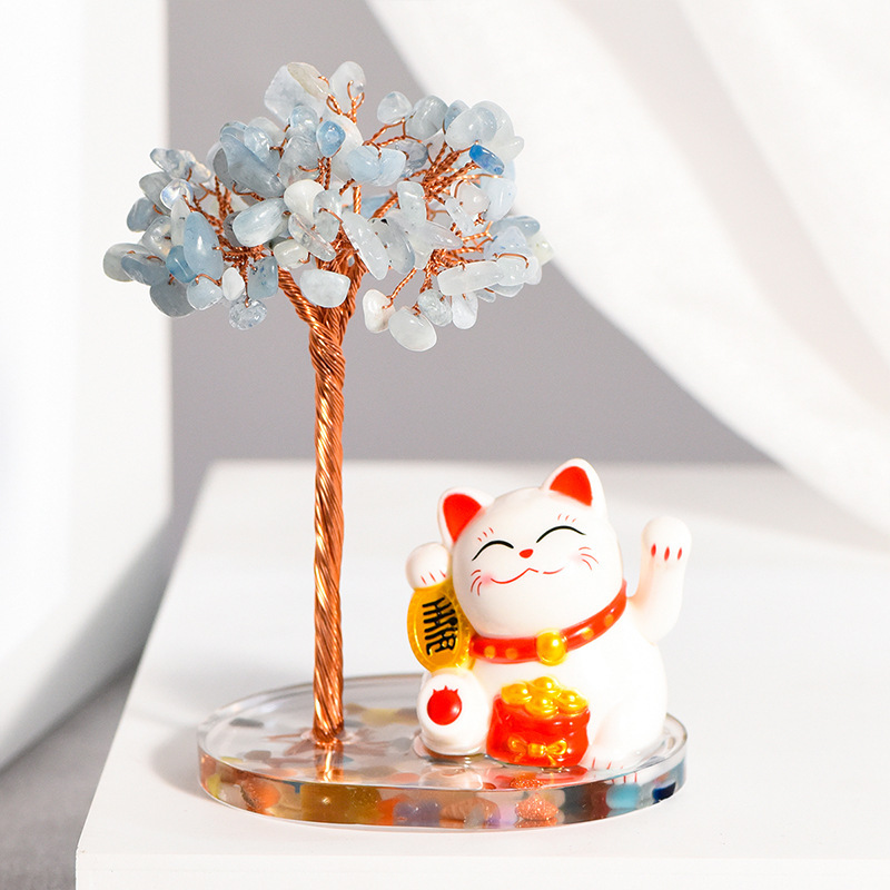 Raw Stone Copper  Tree with Colorful Resin Base Lucky Cat Ornament （Approx 80X120MM)