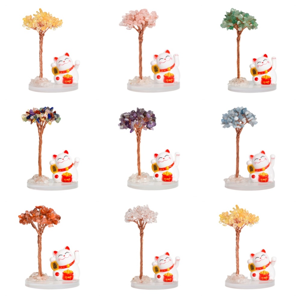 Raw Stone Copper  Tree with Clear Resin Base Lucky Cat Ornament （Approx 80X120MM)