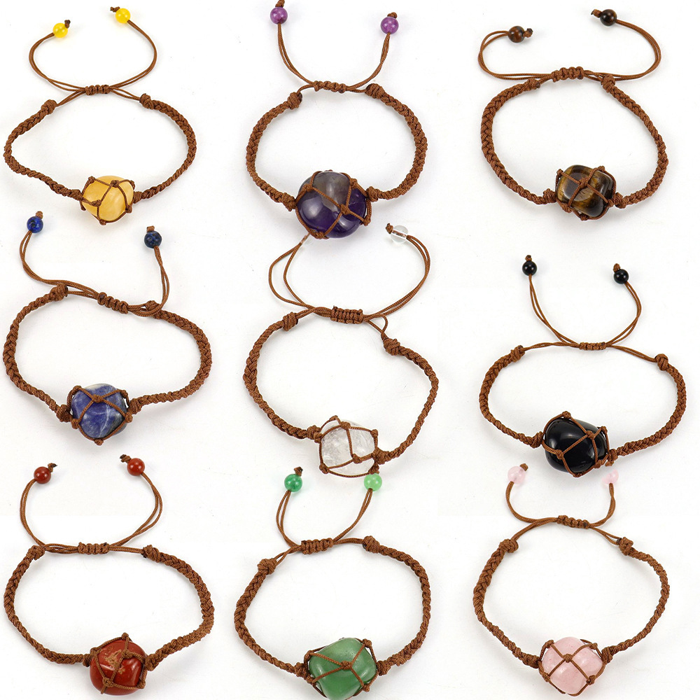 Tumbled Stone Brown Woven Mesh Bag Bracelets Adjustable