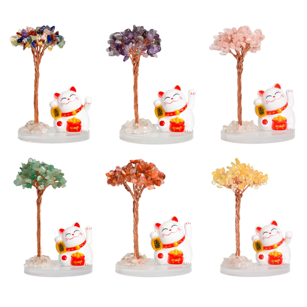 Raw Stone Copper  Tree with Clear Resin Base Lucky Cat Ornament （Approx 80X120MM)