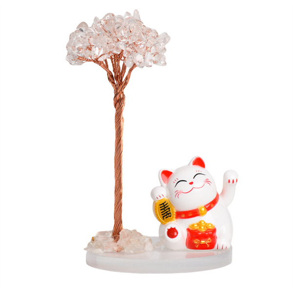 Raw Stone Copper  Tree with Clear Resin Base Lucky Cat Ornament （Approx 80X120MM)