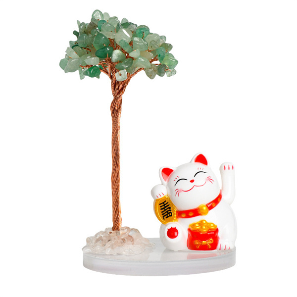 Raw Stone Copper  Tree with Clear Resin Base Lucky Cat Ornament （Approx 80X120MM)