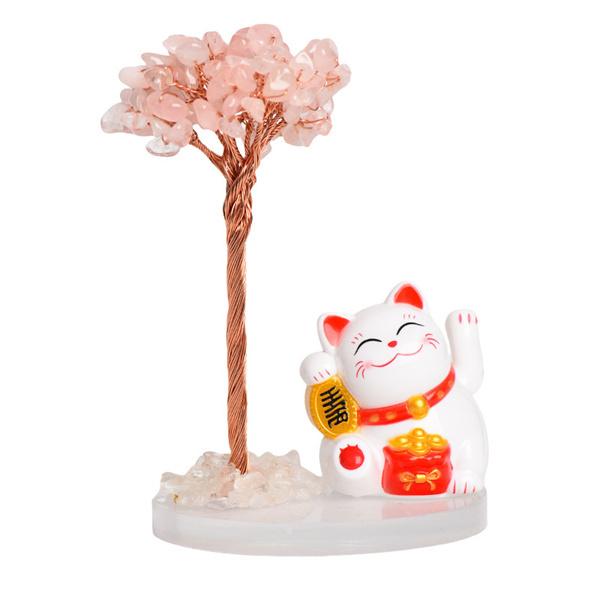 Raw Stone Copper  Tree with Clear Resin Base Lucky Cat Ornament （Approx 80X120MM)