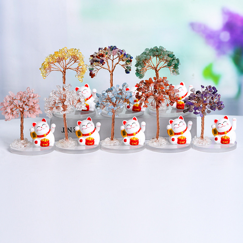 Raw Stone Copper  Tree with Clear Resin Base Lucky Cat Ornament （Approx 80X120MM)
