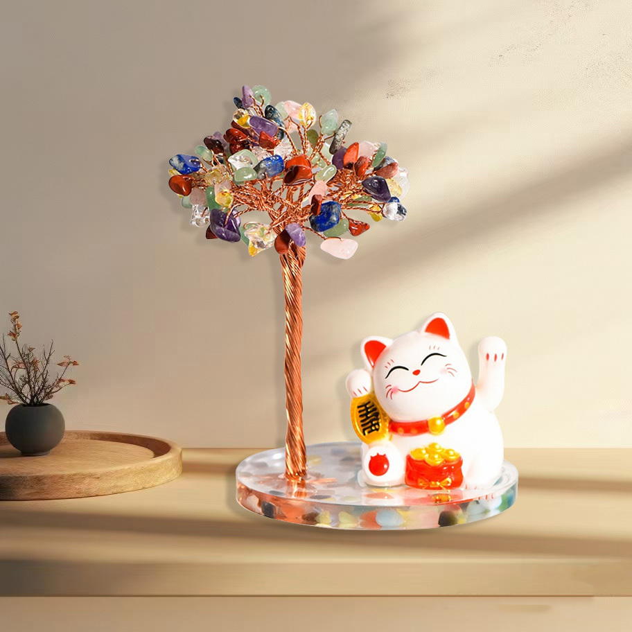 Raw Stone Copper  Tree with Colorful Resin Base Lucky Cat Ornament （Approx 80X120MM)