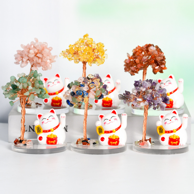 Raw Stone Copper  Tree with Clear Resin Base Lucky Cat Ornament （Approx 80X120MM)