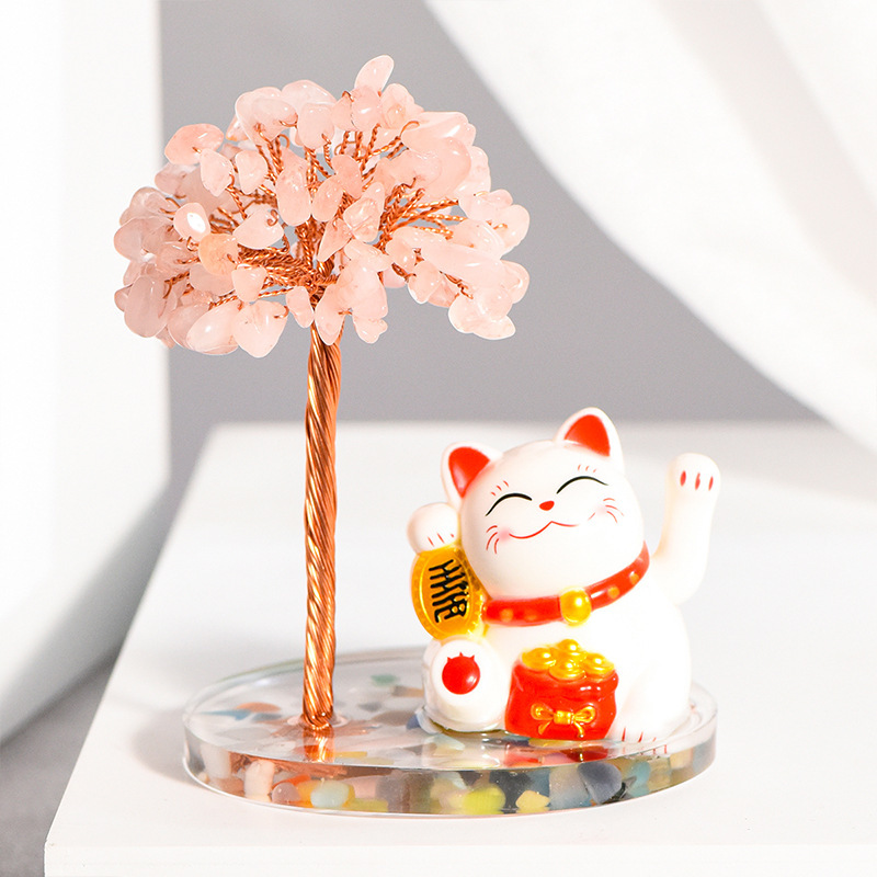 Raw Stone Copper  Tree with Colorful Resin Base Lucky Cat Ornament （Approx 80X120MM)