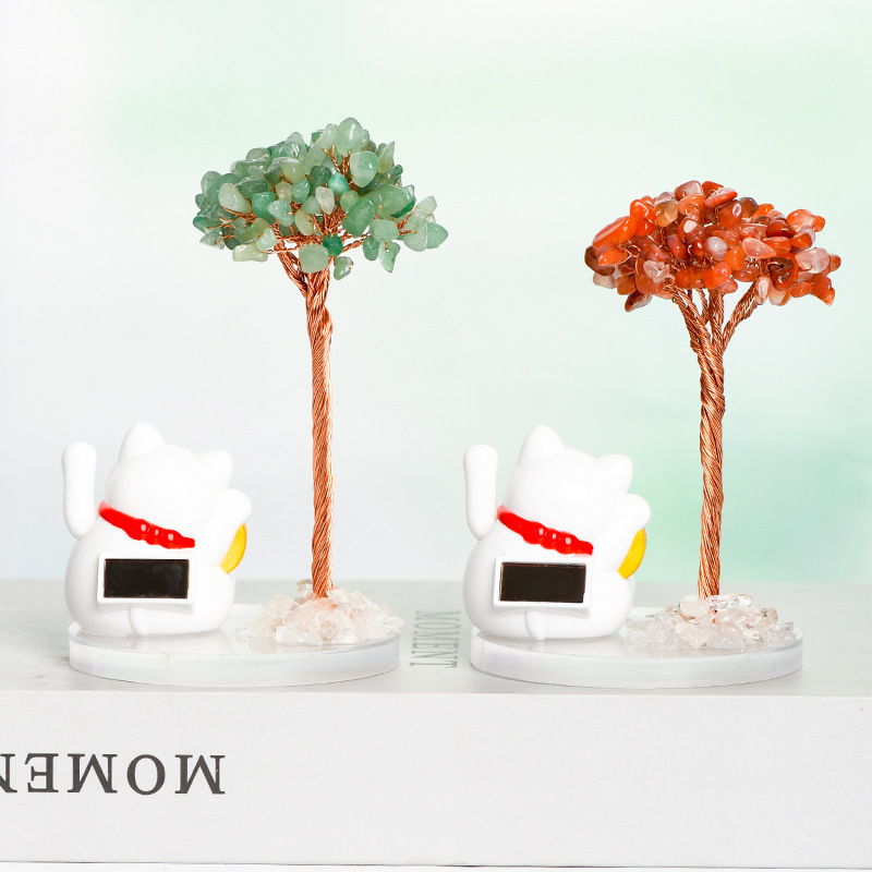 Raw Stone Copper  Tree with Colorful Resin Base Lucky Cat Ornament （Approx 80X120MM)