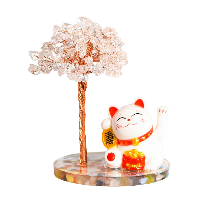 Raw Stone Copper  Tree with Colorful Resin Base Lucky Cat Ornament （Approx 80X120MM)