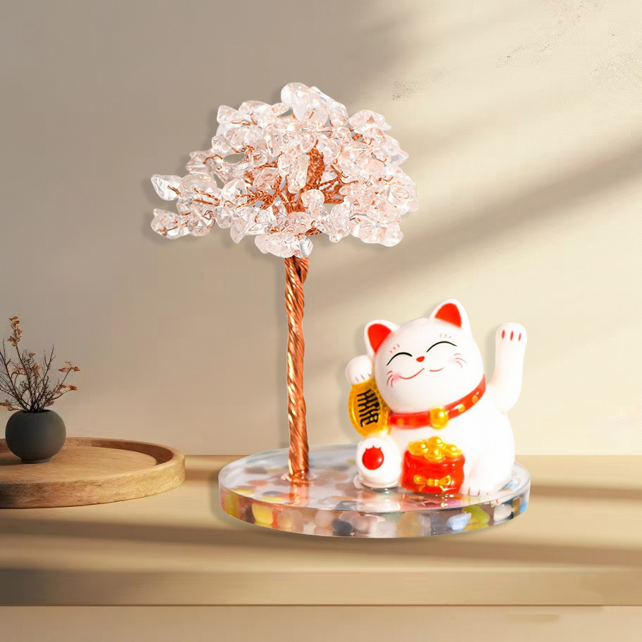 Raw Stone Copper  Tree with Colorful Resin Base Lucky Cat Ornament （Approx 80X120MM)