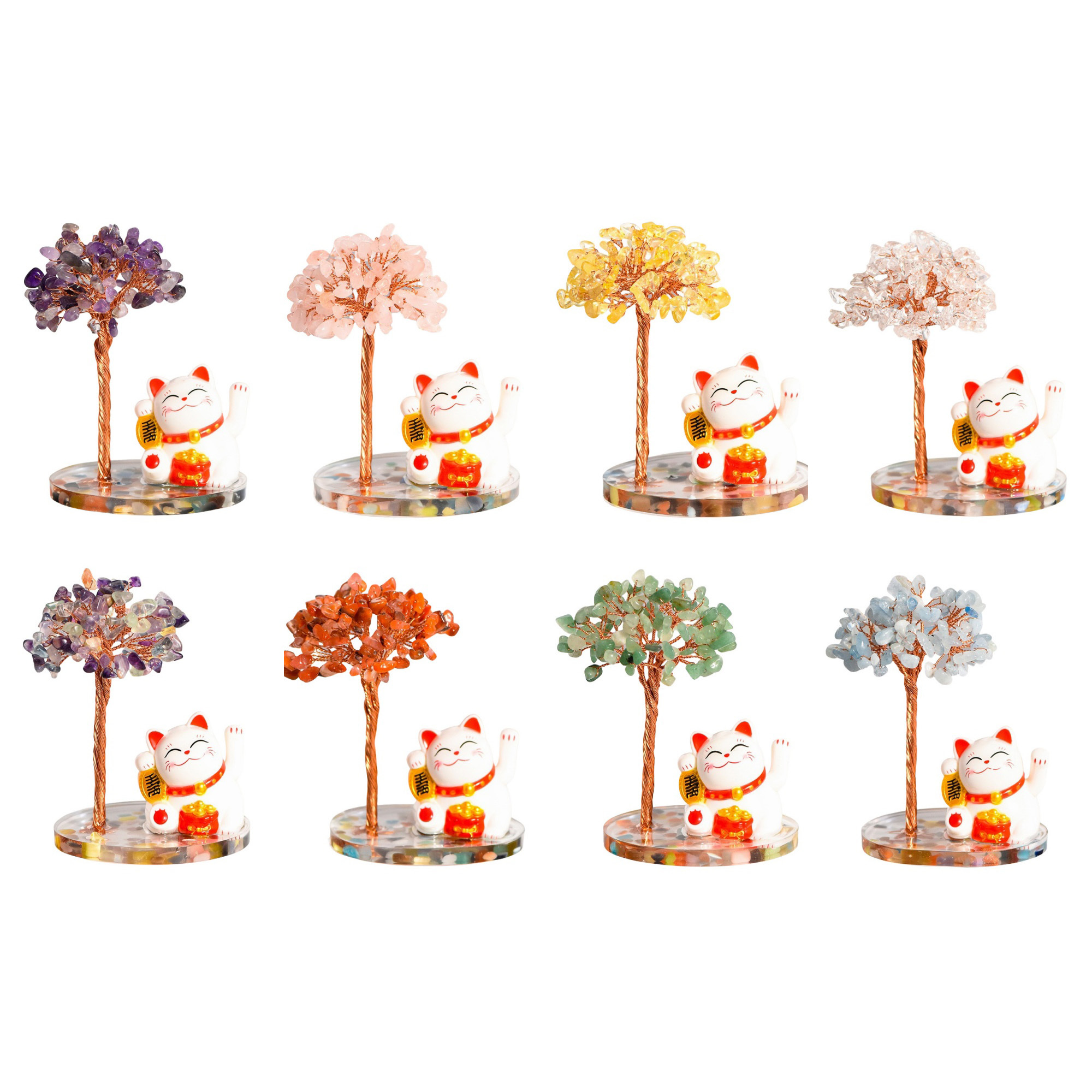 Raw Stone Copper  Tree with Colorful Resin Base Lucky Cat Ornament （Approx 80X120MM)
