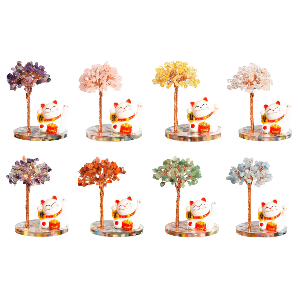 Raw Stone Copper  Tree with Colorful Resin Base Lucky Cat Ornament （Approx 80X120MM)