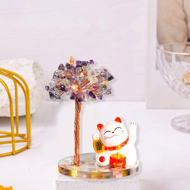 Raw Stone Copper  Tree with Colorful Resin Base Lucky Cat Ornament （Approx 80X120MM)