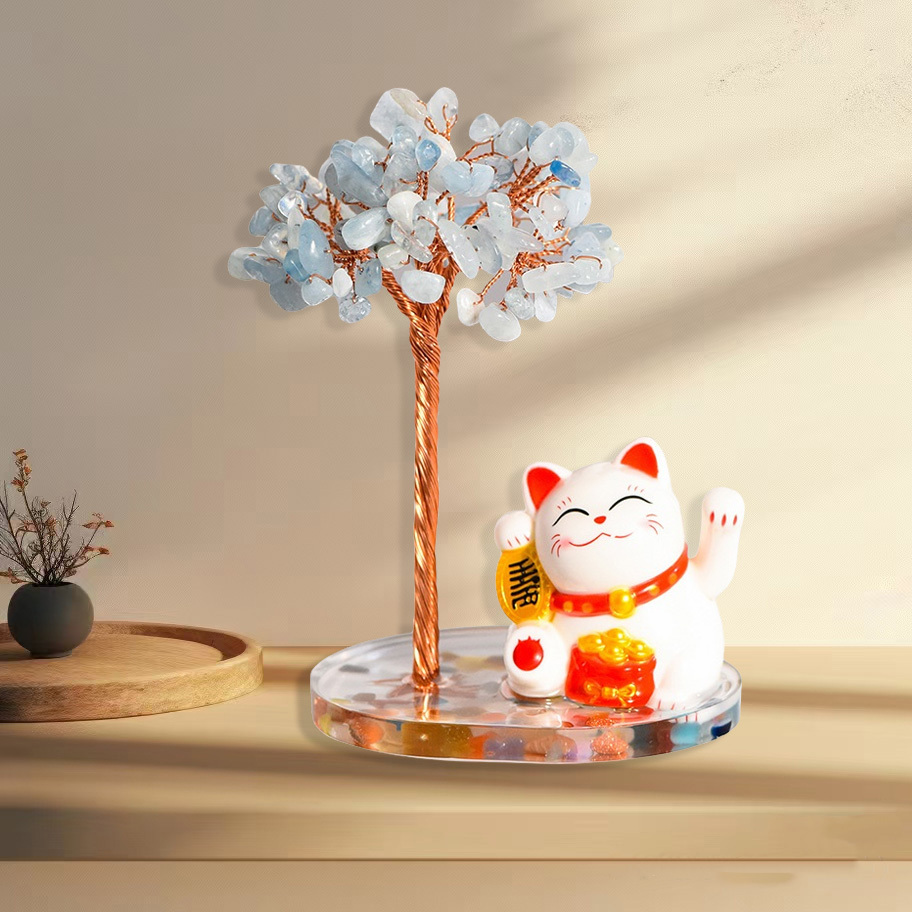 Raw Stone Copper  Tree with Colorful Resin Base Lucky Cat Ornament （Approx 80X120MM)