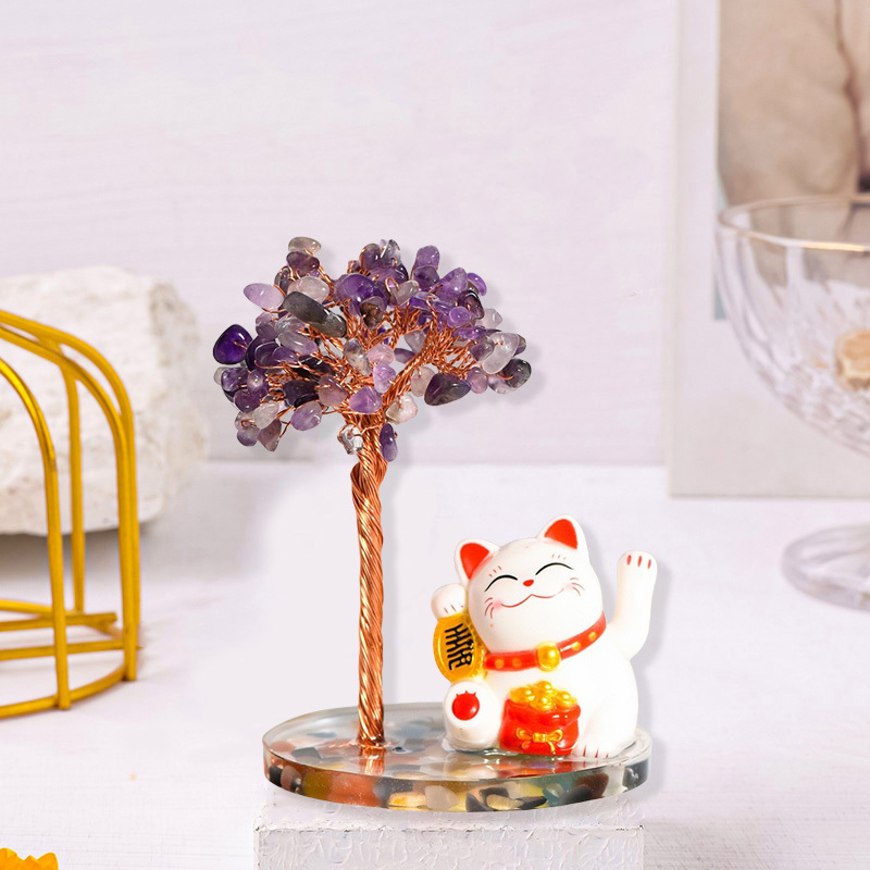 Raw Stone Copper  Tree with Colorful Resin Base Lucky Cat Ornament （Approx 80X120MM)