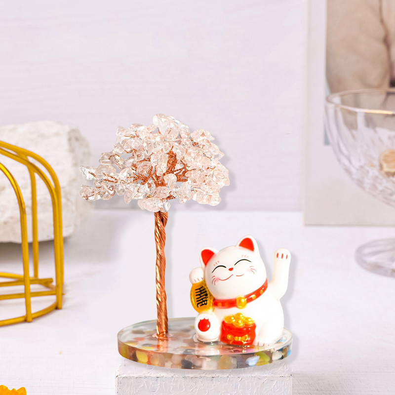 Raw Stone Copper  Tree with Colorful Resin Base Lucky Cat Ornament （Approx 80X120MM)
