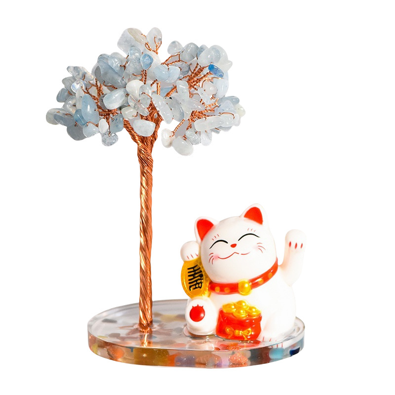 Raw Stone Copper  Tree with Colorful Resin Base Lucky Cat Ornament （Approx 80X120MM)