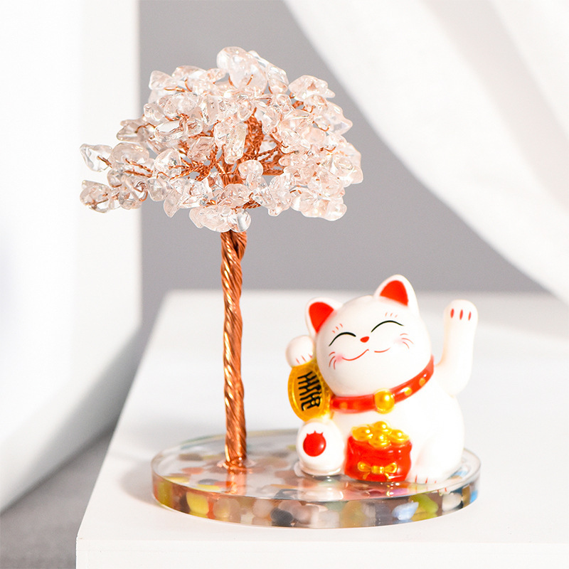 Raw Stone Copper  Tree with Colorful Resin Base Lucky Cat Ornament （Approx 80X120MM)