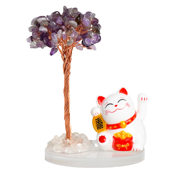 Raw Stone Copper  Tree with Clear Resin Base Lucky Cat Ornament （Approx 80X120MM)